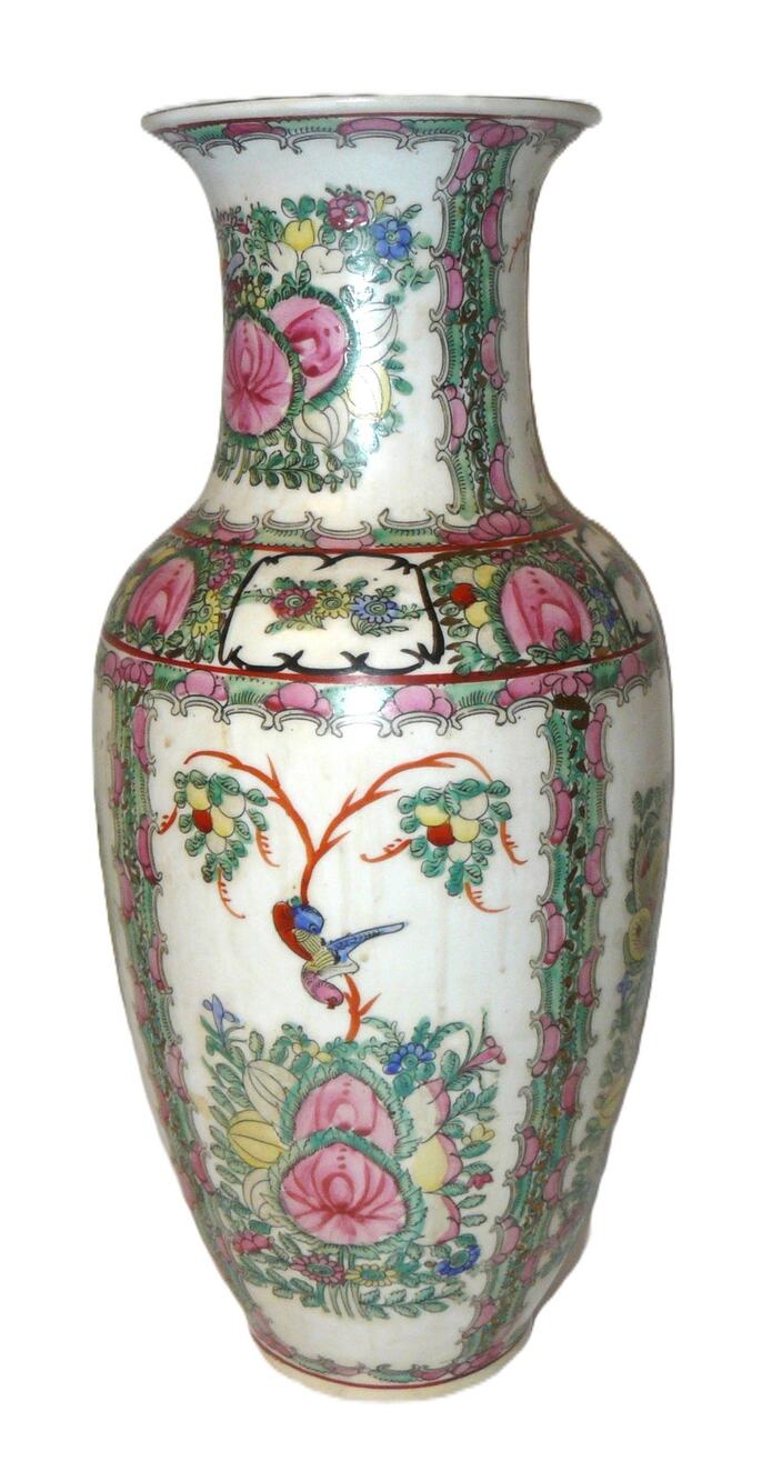Vtg Chinese Porcelain Vase Hand-Painted Floral Bird 14" Qing Dynasty Style